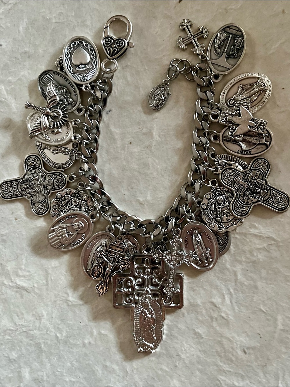 Catholic Latin Saints Chunky Charm Bracelet: Silver Tone Medals